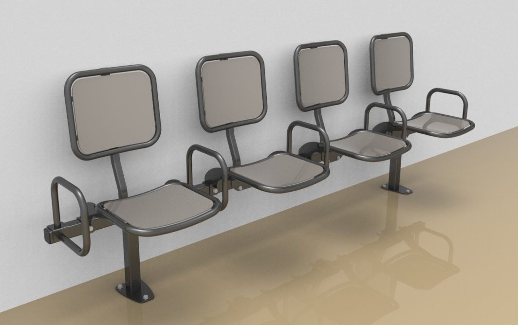 Vierer-Sitzbank mit glatter Alu-Sitzfläche und -Rückenlehne, mit Armlehnen