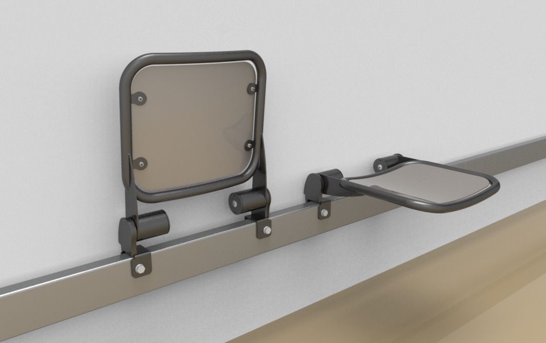 Fold down seat with smooth aluminium sitting surface; mounted to tubes