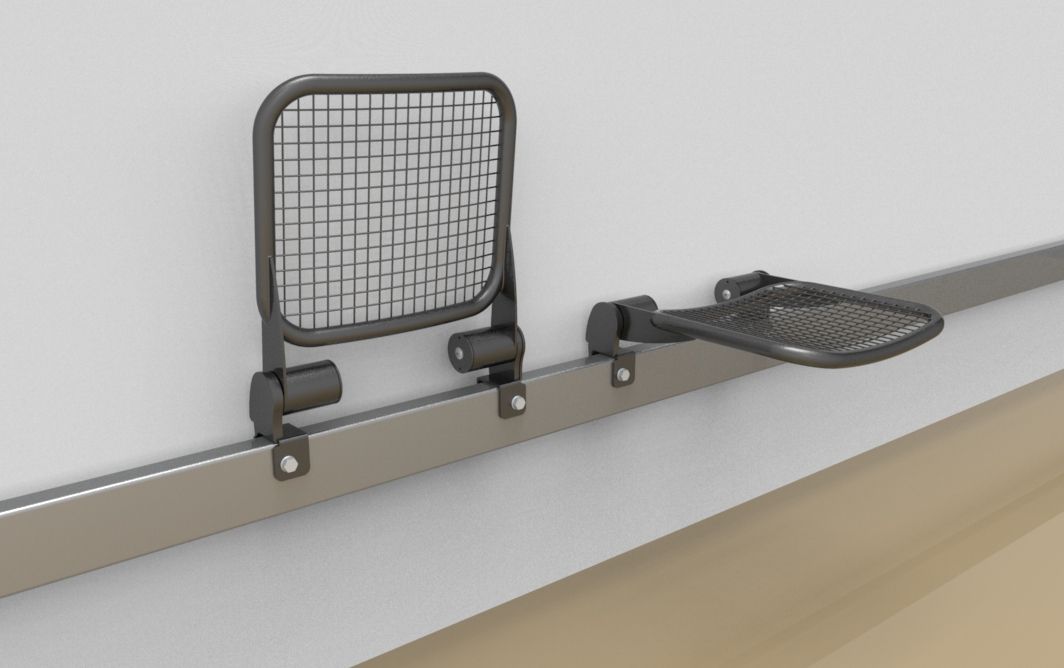 Fold down seat with wire-mesh sitting surface; mounted to tubes