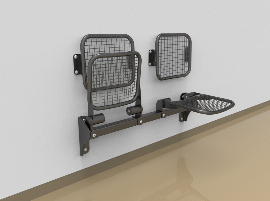 Twosome fold down sitting bench with wire mesh sitting surface and back rest