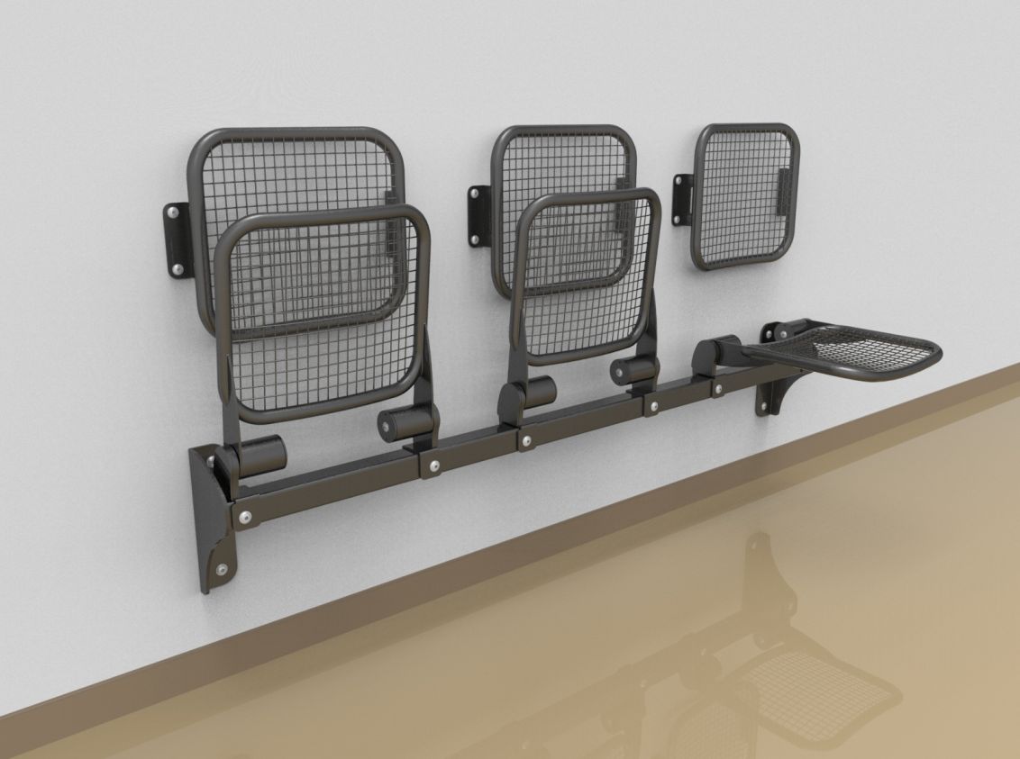 Threesome fold down sitting bench with wire mesh sitting surface and back rest