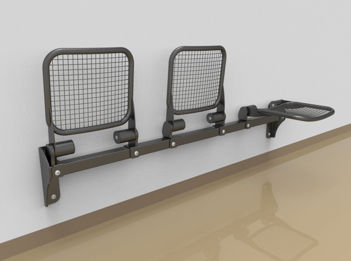 Threesome fold down sitting bench with wire mesh sitting surface