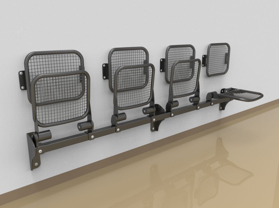 Foursome fold down sitting bench with wire mesh sitting surface and back rest