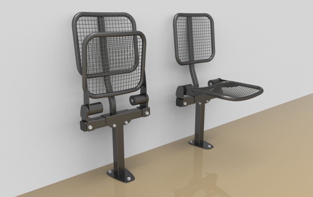 Single fold down sitting bench with wire mesh sitting surface and back rest