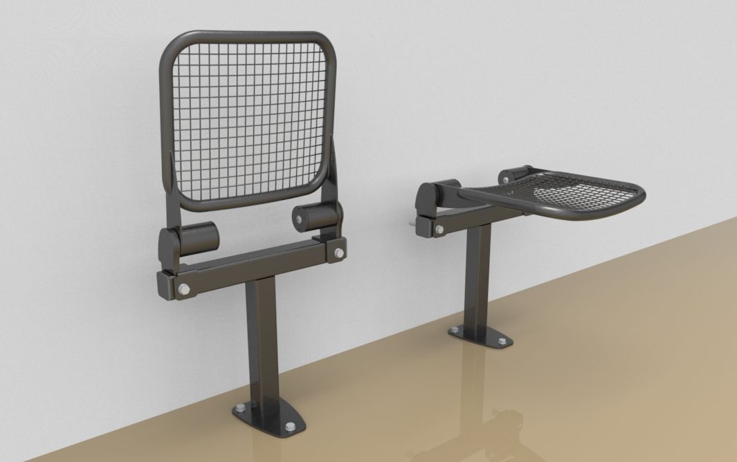 Single fold down sitting bench with wire mesh sitting surface