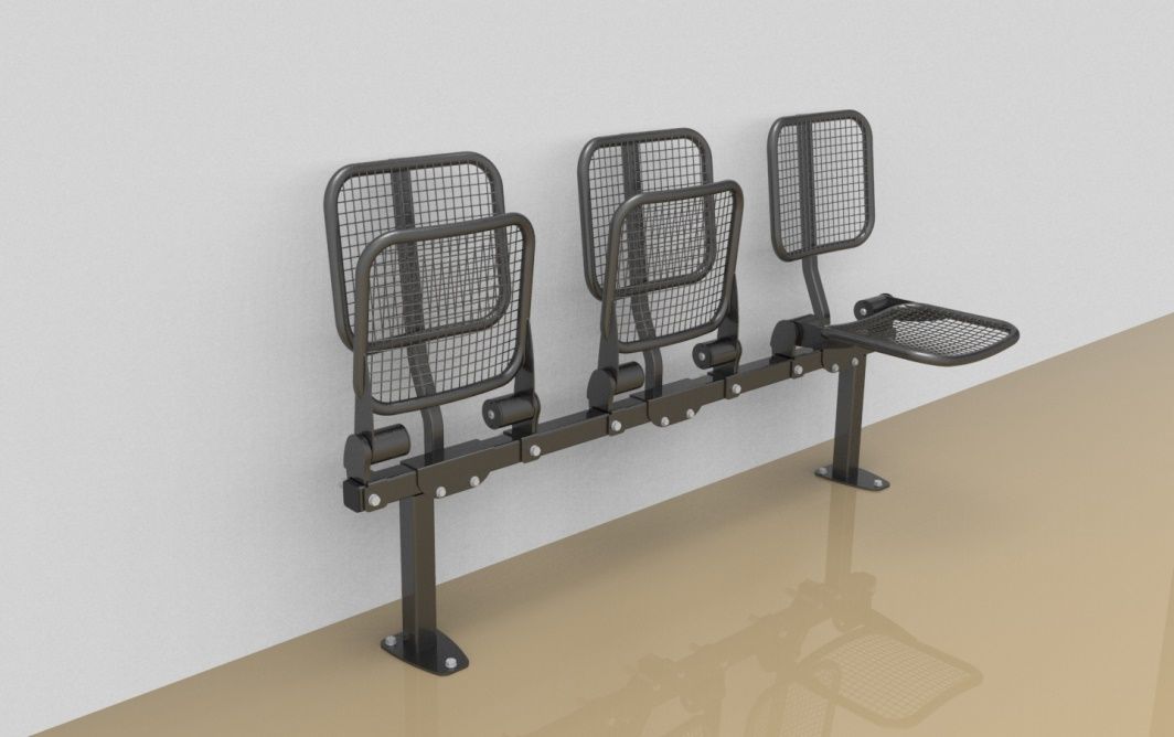 Threesome fold down sitting bench with wire mesh sitting surface and back rest