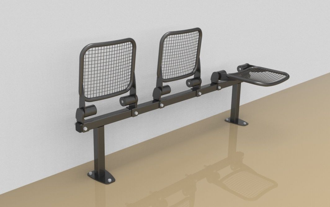 Threesome fold down sitting bench with wire mesh sitting surface
