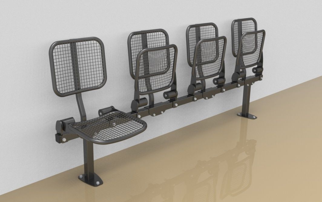 Foursome fold down sitting bench with wire mesh sitting surface and back rest