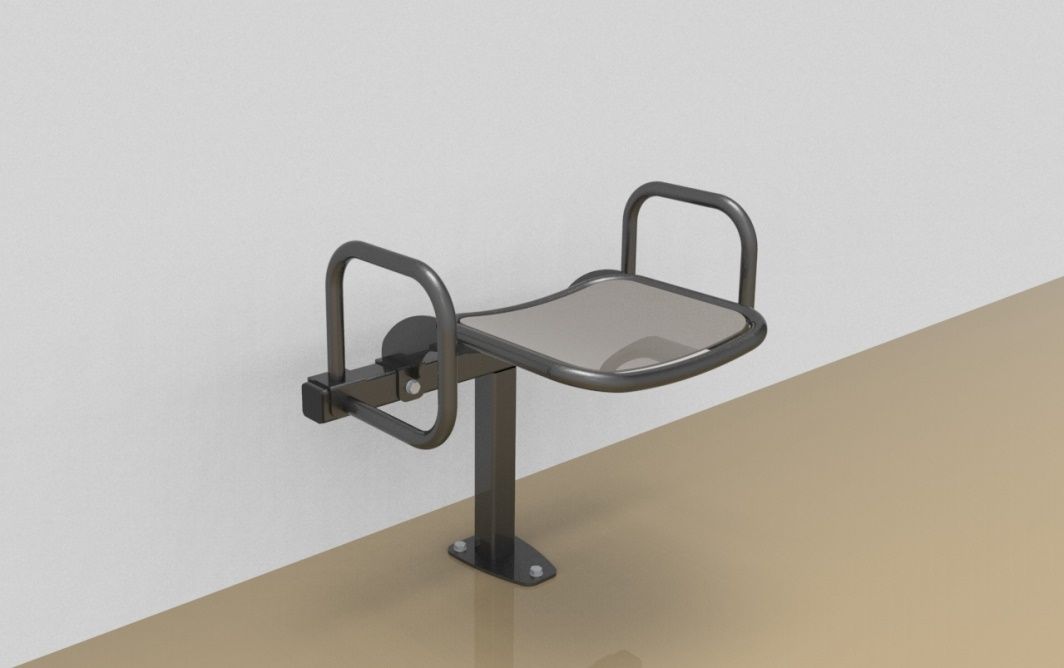 Single rigid sitting bench with smooth aluminium sitting surface and arm rests