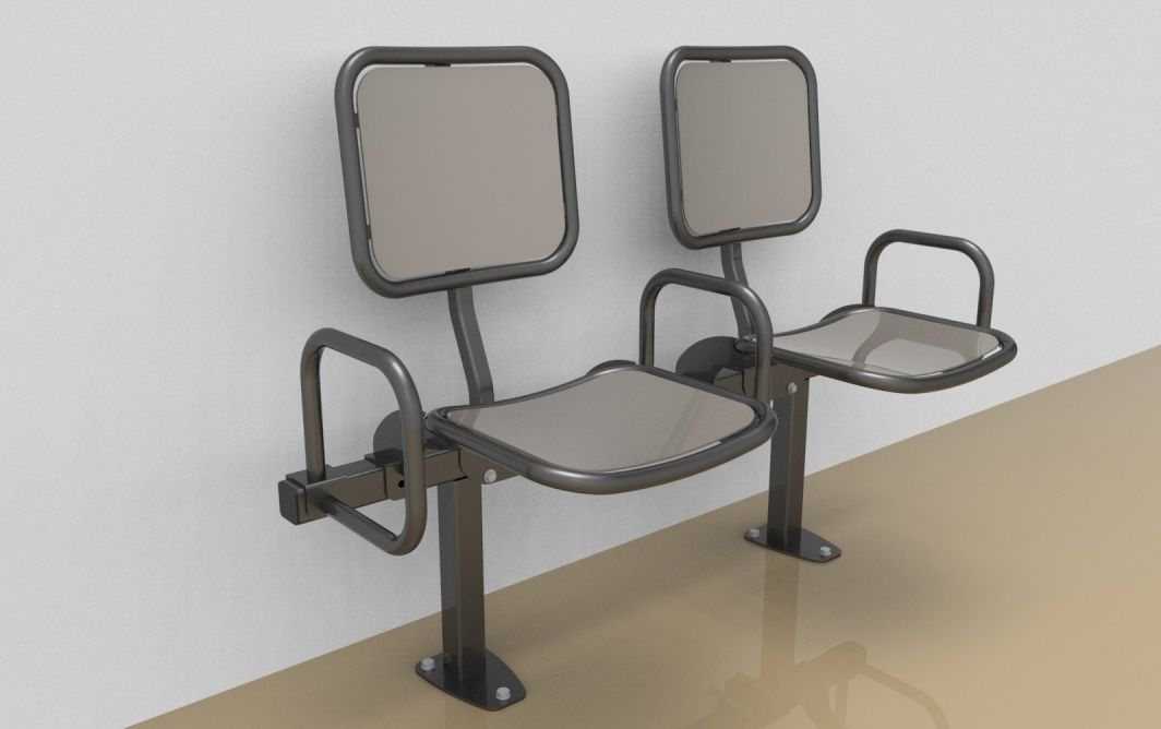 Twosome rigid sitting bench with smooth aluminium sitting surface, back rest and arm rests