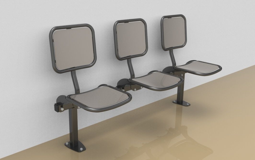Threesome rigid sitting bench with smooth aluminium sitting surface and back rest
