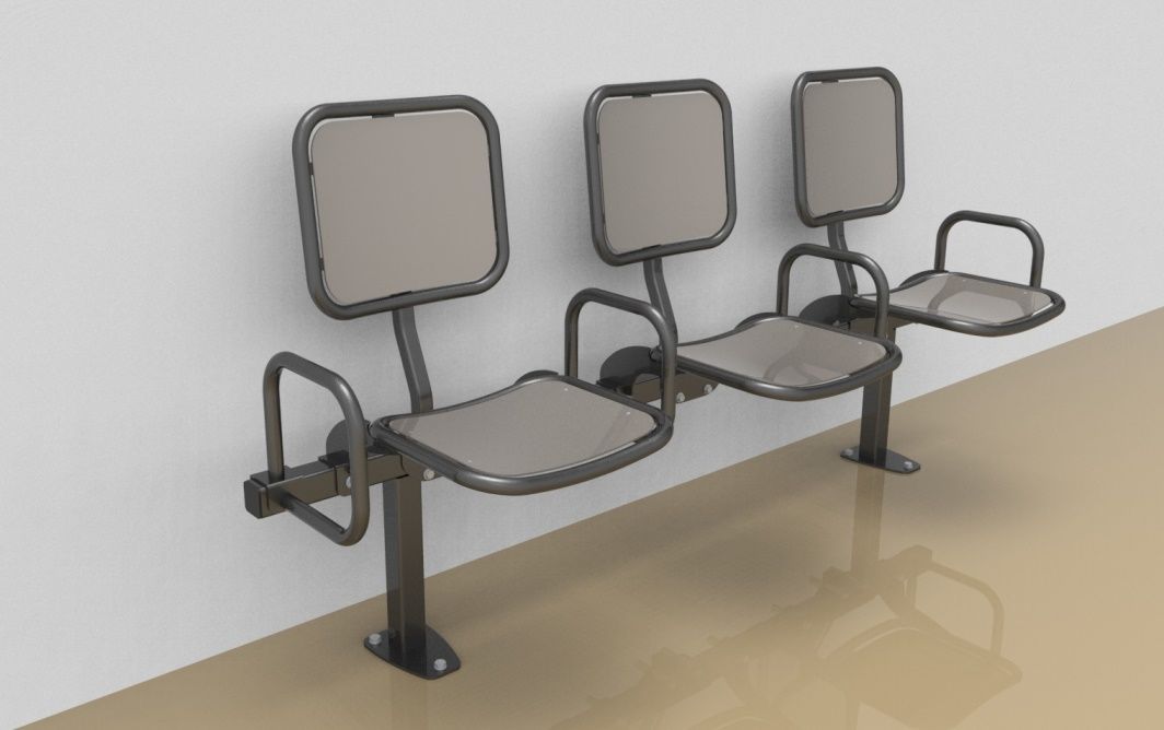 Threesome rigid sitting bench with smooth aluminium sitting surface, back rest and arm rests