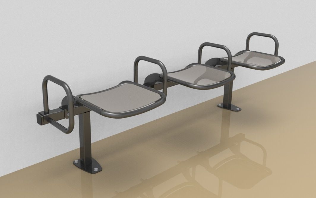 Threesome rigid sitting bench with smooth aluminium sitting surface and arm rests