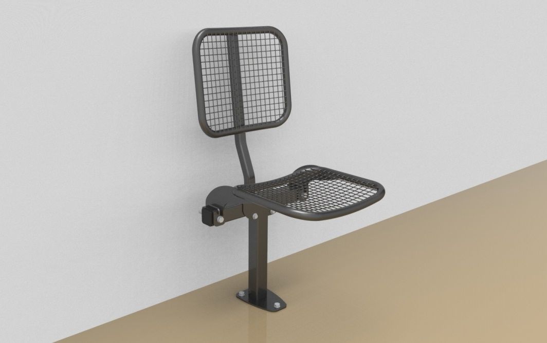Single rigid sitting bench with wire mesh sitting surface and back rest