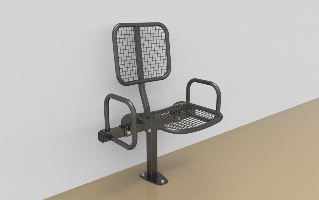 Single rigid sitting bench with wire mesh sitting surface, back rest and arm rests