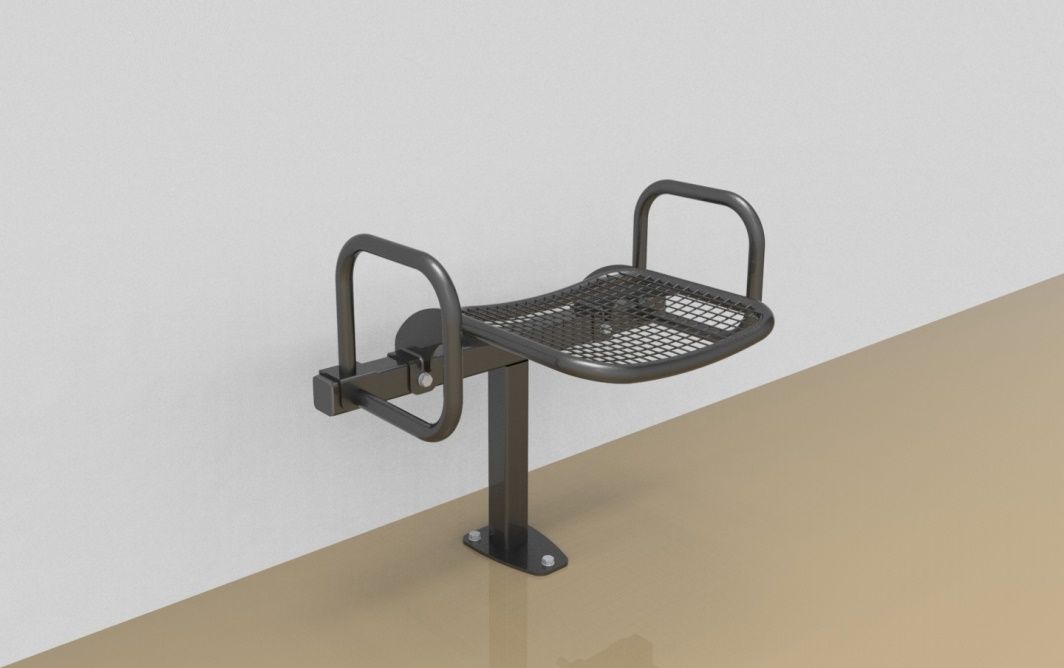 Single rigid sitting bench with wire mesh sitting surface and arm rests
