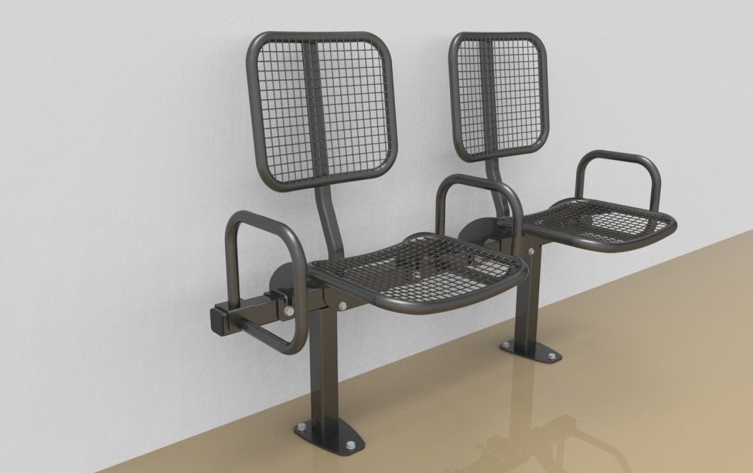 Twosome rigid sitting bench with wire mesh sitting surface, back rest and arm rests