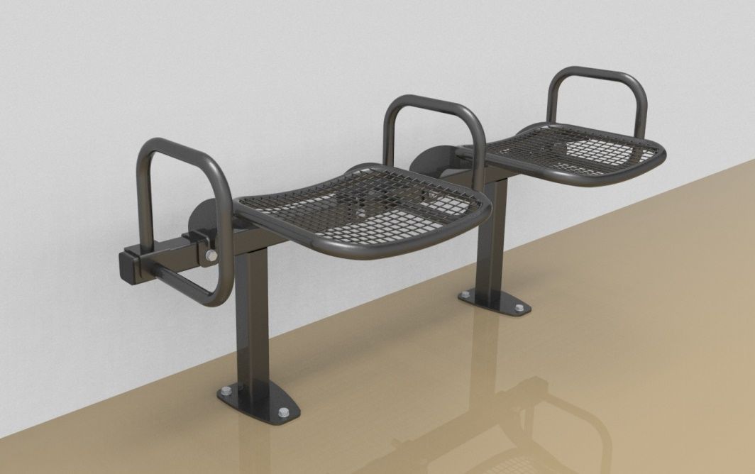 Twosome rigid sitting bench with wire mesh sitting surface and arm rests
