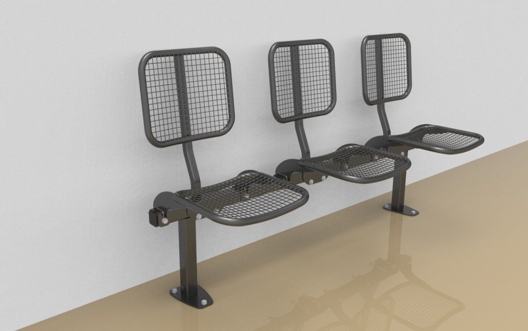 Threesome rigid sitting bench with wire mesh sitting surface and back rest