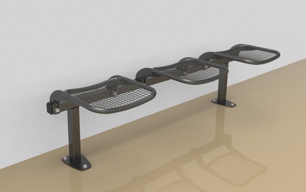 Threesome rigid sitting bench with wire mesh sitting surface