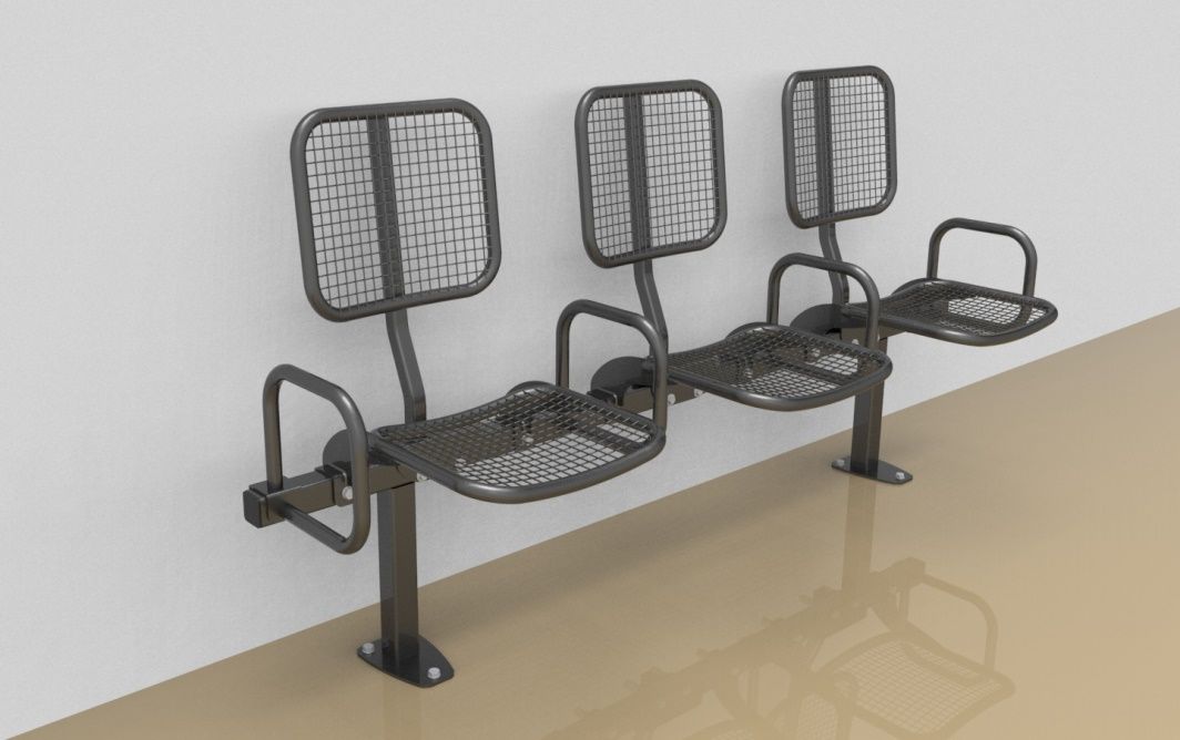 Threesome rigid sitting bench with wire mesh sitting surface, back rest and arm rests