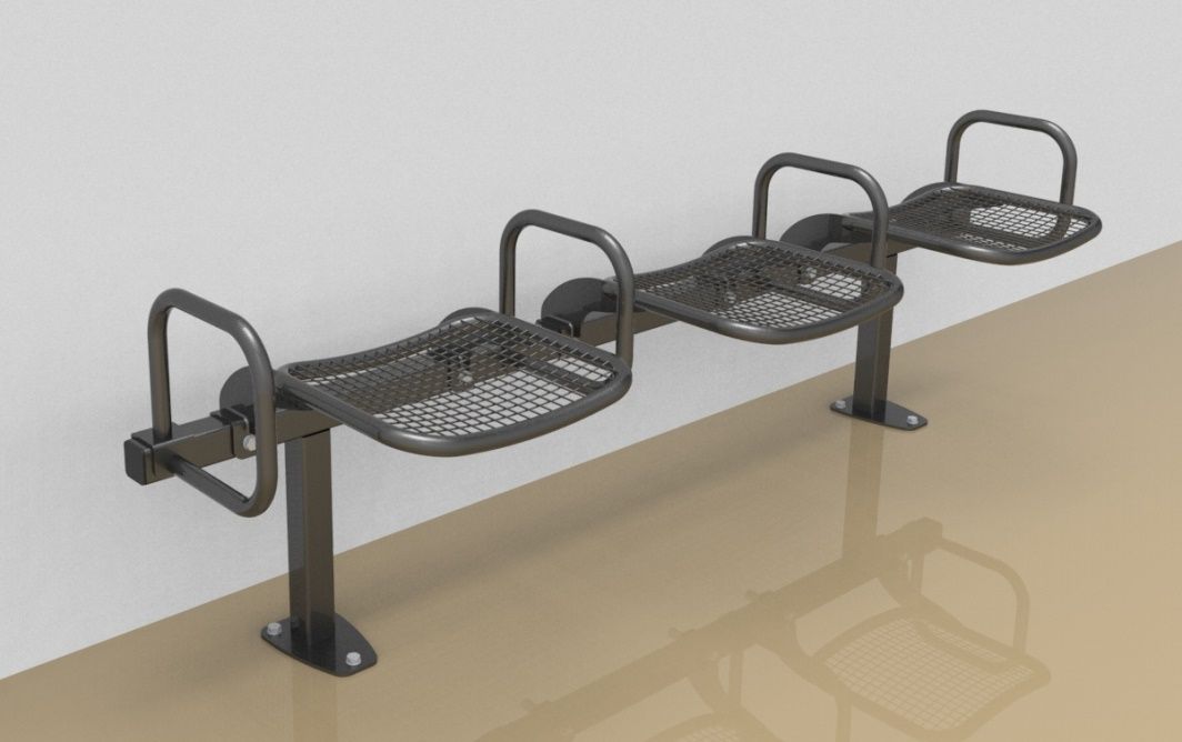 Threesome rigid sitting bench with wire mesh sitting surface and arm rests