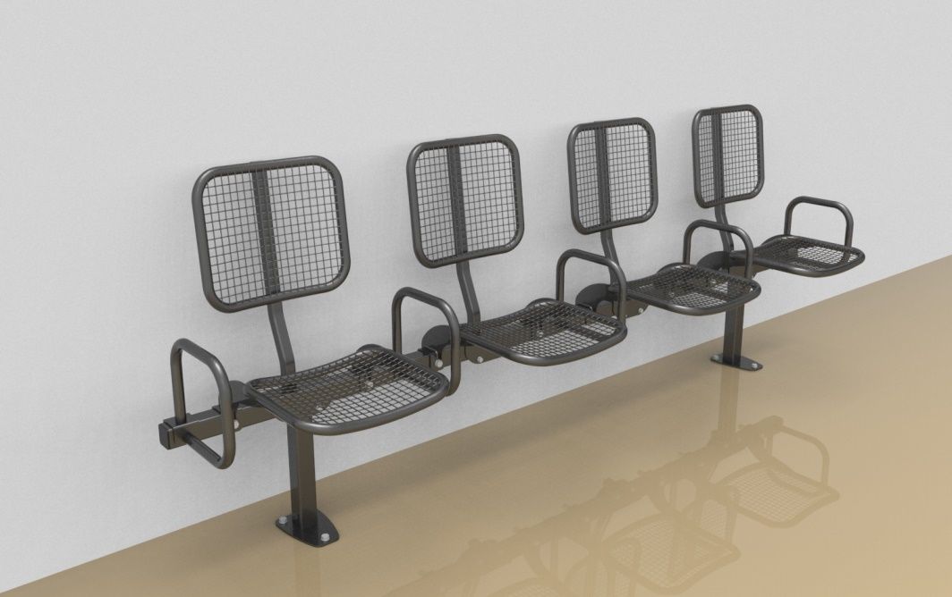 Foursome rigid sitting bench with wire mesh sitting surface, back rest and arm rests