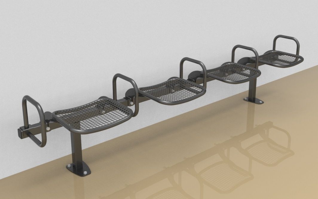 Foursome rigid sitting bench with wire mesh sitting surface and arm rests