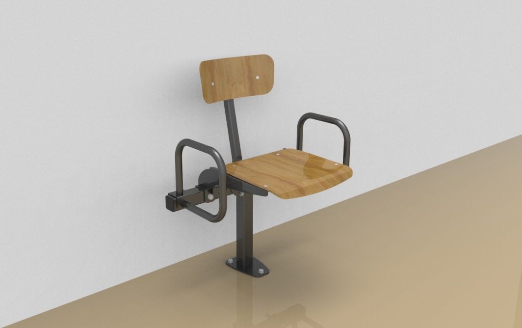 Single rigid sitting bench with beech wood sitting surface, back rest and arm rests