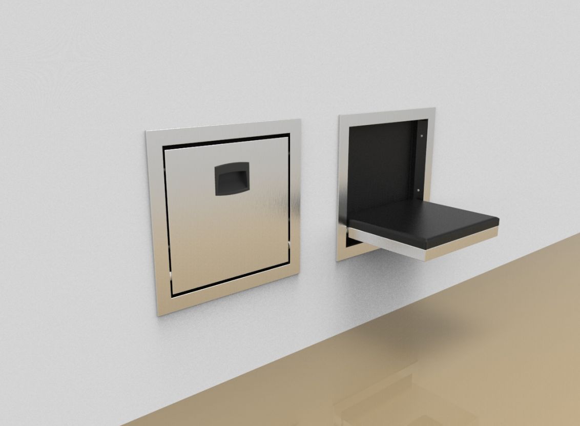 Flush built-in fold down seat with black wall case