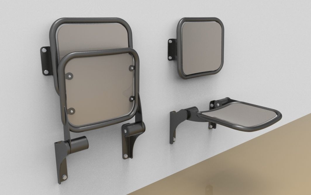 Fold down seat with smooth aluminium sitting surface and back rest; wall-mounted