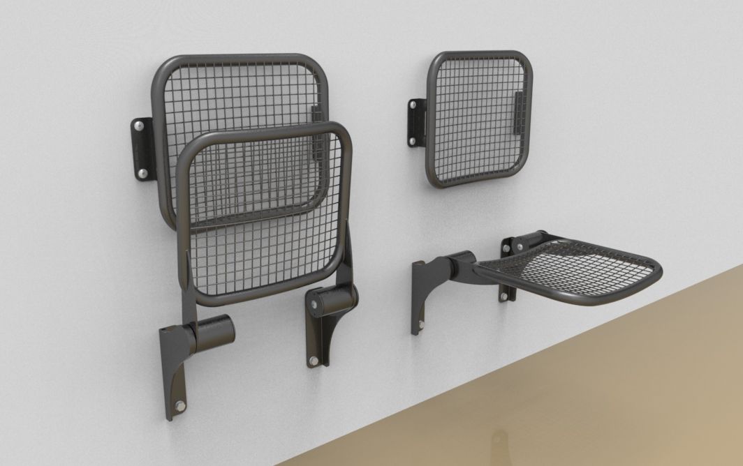 Fold down seat with wire-mesh sitting surface and back rest; wall-mounted